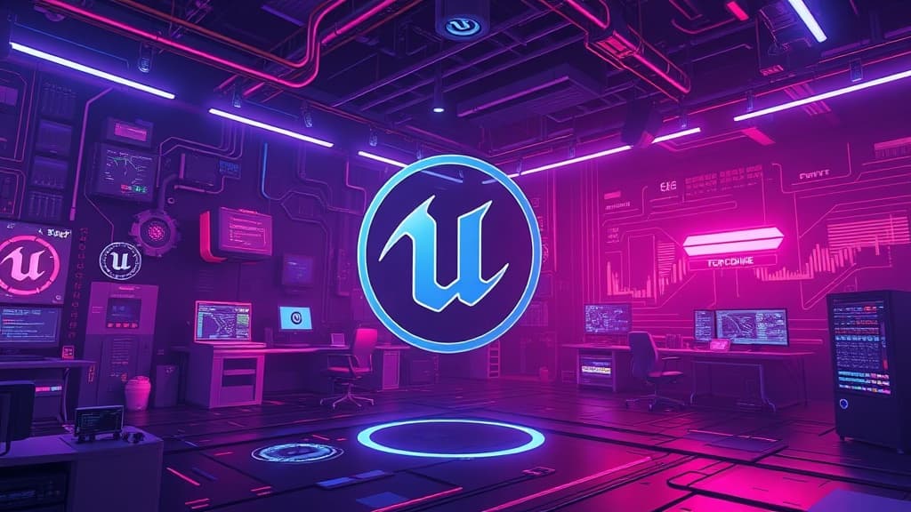 Professional technical illustration of unreal engine 6: the future of game development modern developer aesthetic clean minim