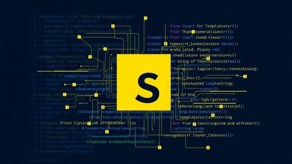 Abstract visualization of typescript 6.0: introduction of template literal types code elements programming concept developer 