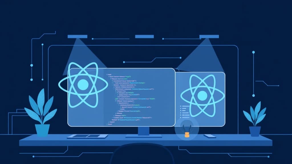 Technical concept art for react 19: enhancements in state management with context api modern development environment clean mi