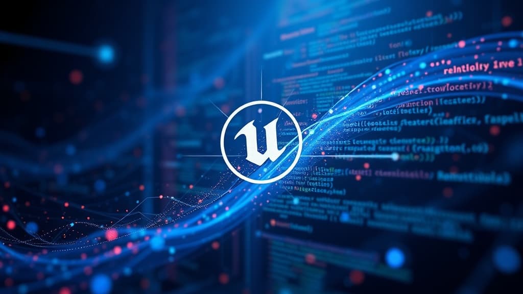 Abstract visualization of unreal engine 6.0: new nanite features for real-time rendering code elements programming concept de