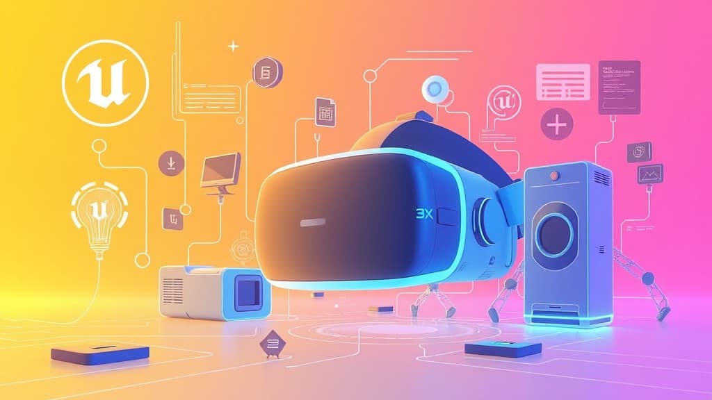 Professional technical illustration of unreal engine 5.5: advanced vr capabilities modern developer aesthetic clean minimal d