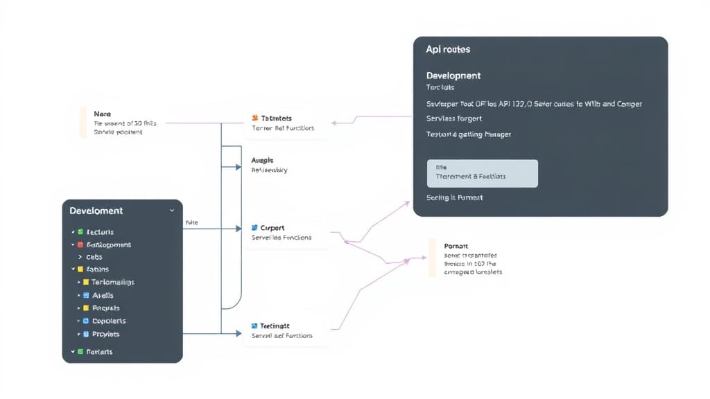 Development workflow for next.js 15.7: streamlined api routes for serverless functions technical diagram style modern UI desi