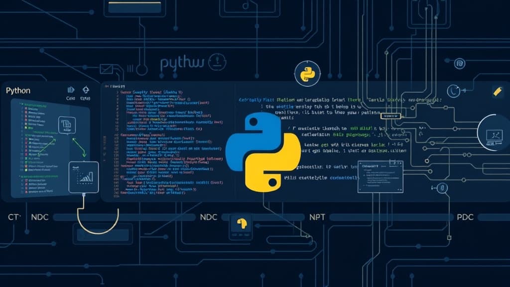 Technical concept art for python 3.13: built-in data classes for enhanced data manipulation modern development environment cl