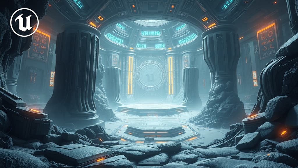 Professional technical illustration of unreal engine 6.0: new nanite features for real-time rendering modern developer aesthe