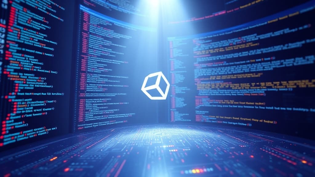 Abstract visualization of unity 6.2: real-time ray tracing advances code elements programming concept developer tools modern 