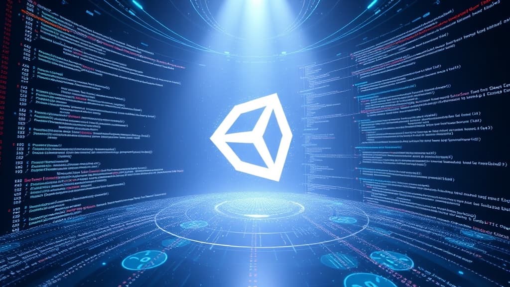 Abstract visualization of unity 6.2: real-time ray tracing advances code elements programming concept developer tools modern 