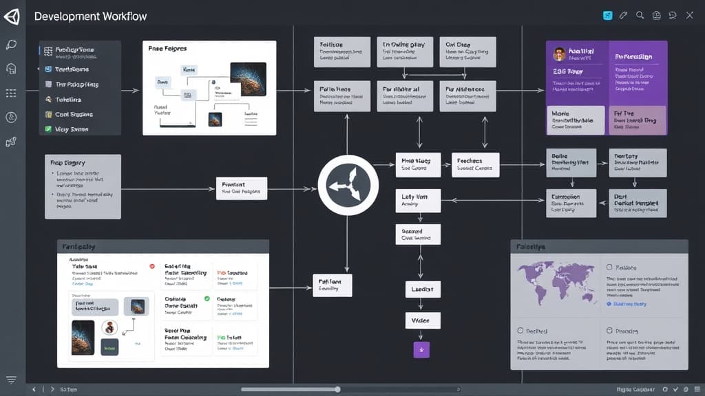 Development workflow for unity 2025.x: integration of ai in game design processes technical diagram style modern UI design de