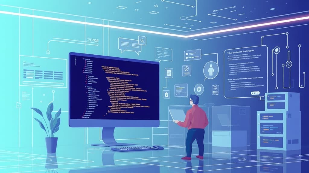 Technical concept art for gpt-5: advancements in natural language understanding modern development environment clean minimali