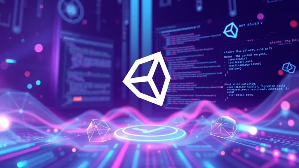 Abstract visualization of unity 2025.x: integration of ai in game design processes code elements programming concept develope