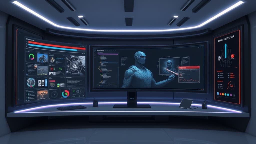 Technical concept art for unreal engine 6: the future of game development modern development environment clean minimalist sty
