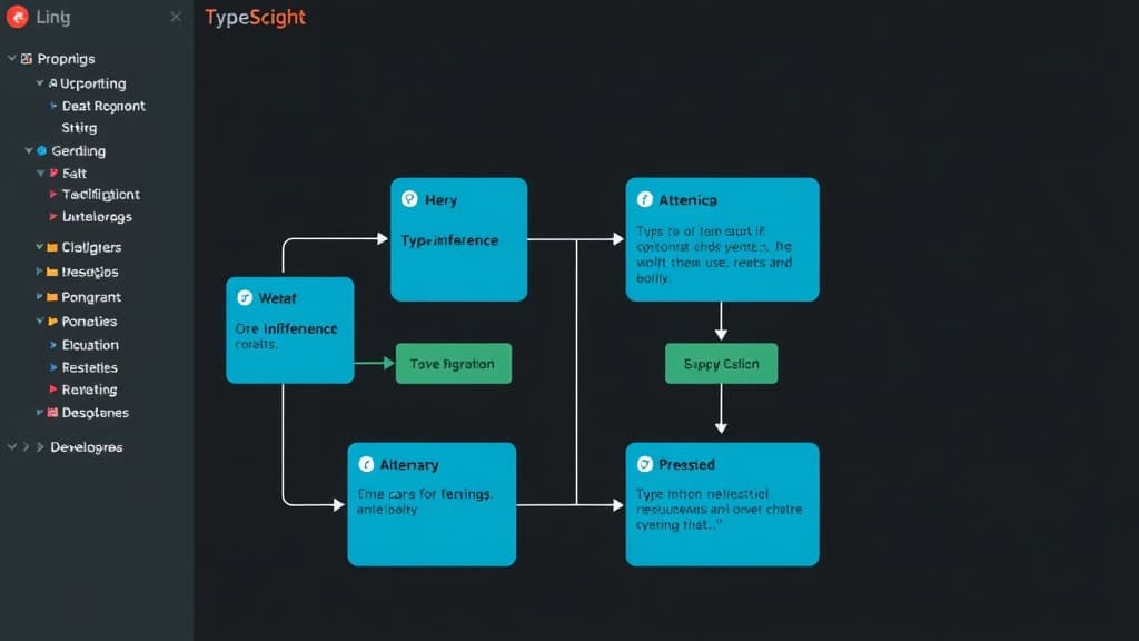 Development workflow for typescript 5.3: type inference and optional chaining improvements technical diagram style modern UI