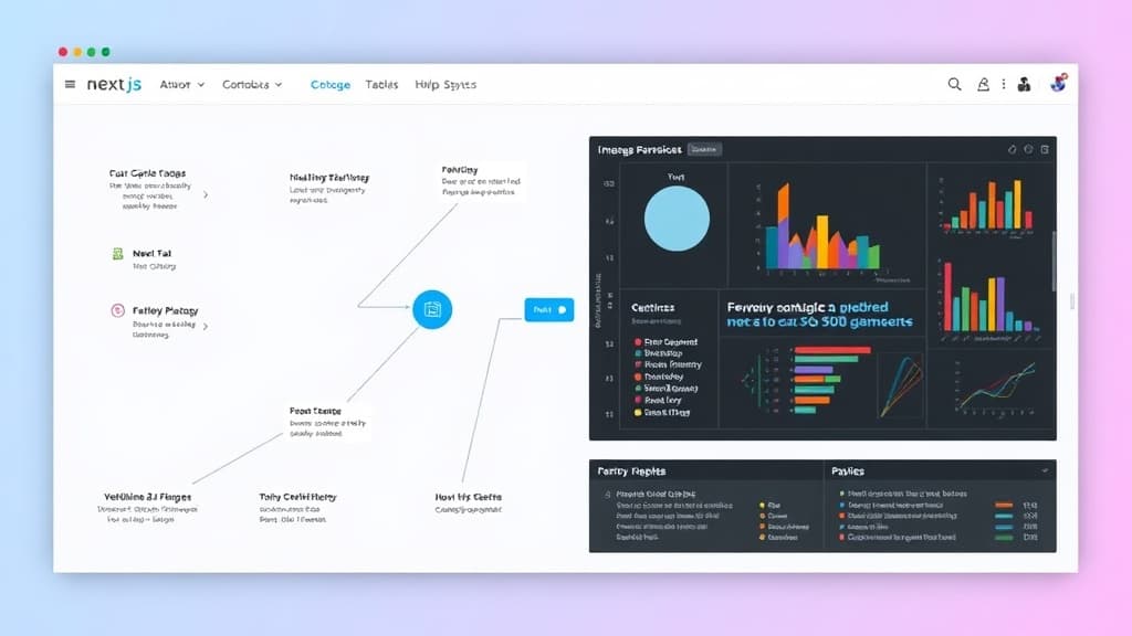 Development workflow for next.js 15.5: enhancements in image optimization technical diagram style modern UI design developer-