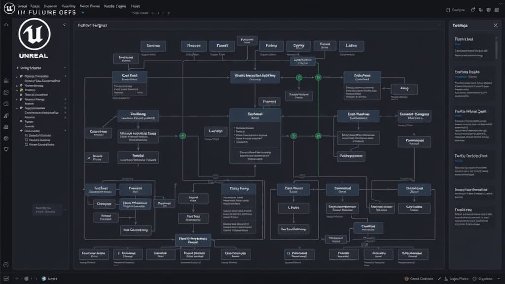 Development workflow for unreal engine 6: the future of game development technical diagram style modern UI design developer-f